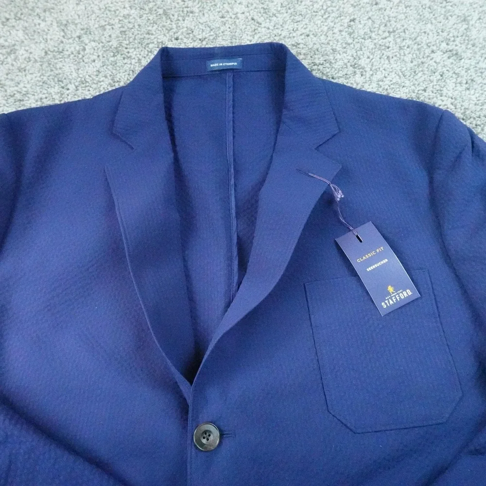 NEW Stafford Blazer Mens 48R Blue Seersucker Unstructured Sport Coat Suit Jacket